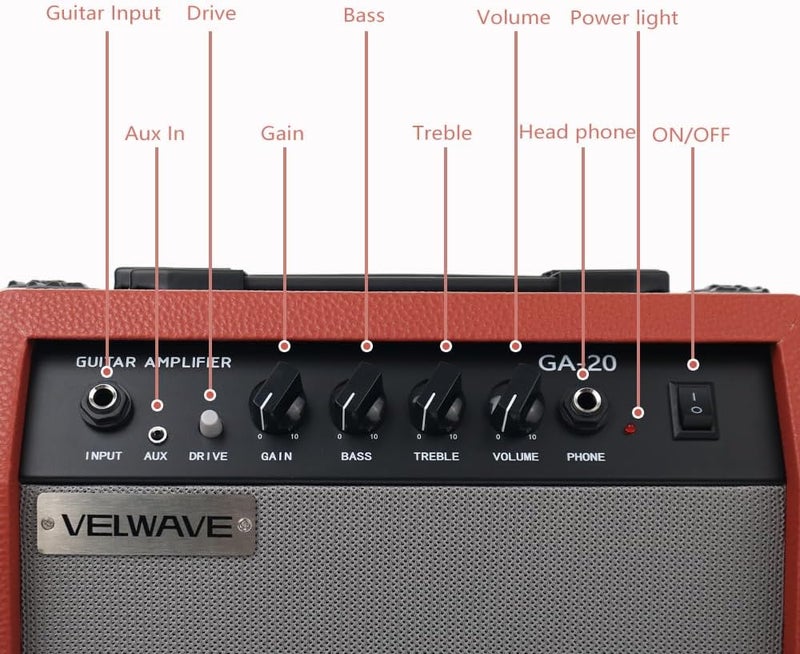VELWAVE Electric Guitar Amplifier 20W Brown Color Portable Smart amp 6.5'' Speaker 6.5mm Input 3.5mm aux Drive gain bass Treble Volume and Headphone Jack Practice amp - Image 2